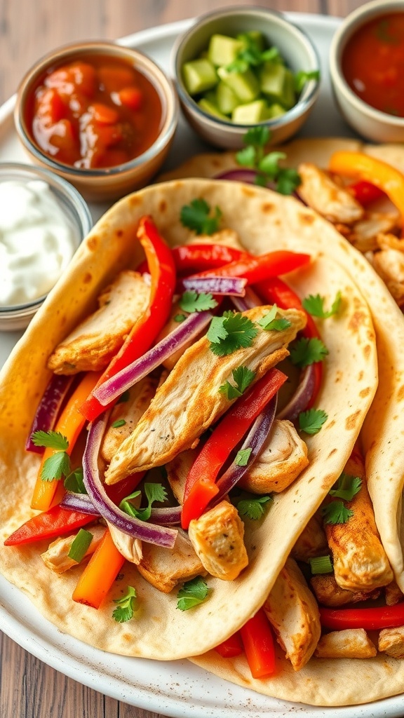 A plate of chicken fajitas with bell peppers and onions in tortillas, garnished with cilantro and served with dips.